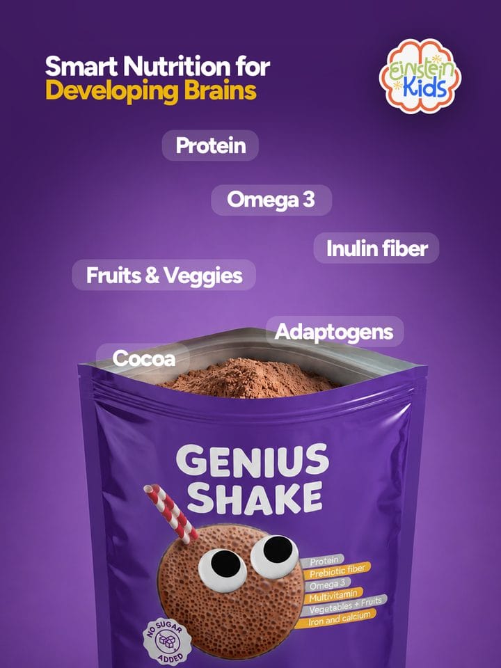 Einstein Kids Genius Shake natural chocolate flavored powdered dietary supplement pouch