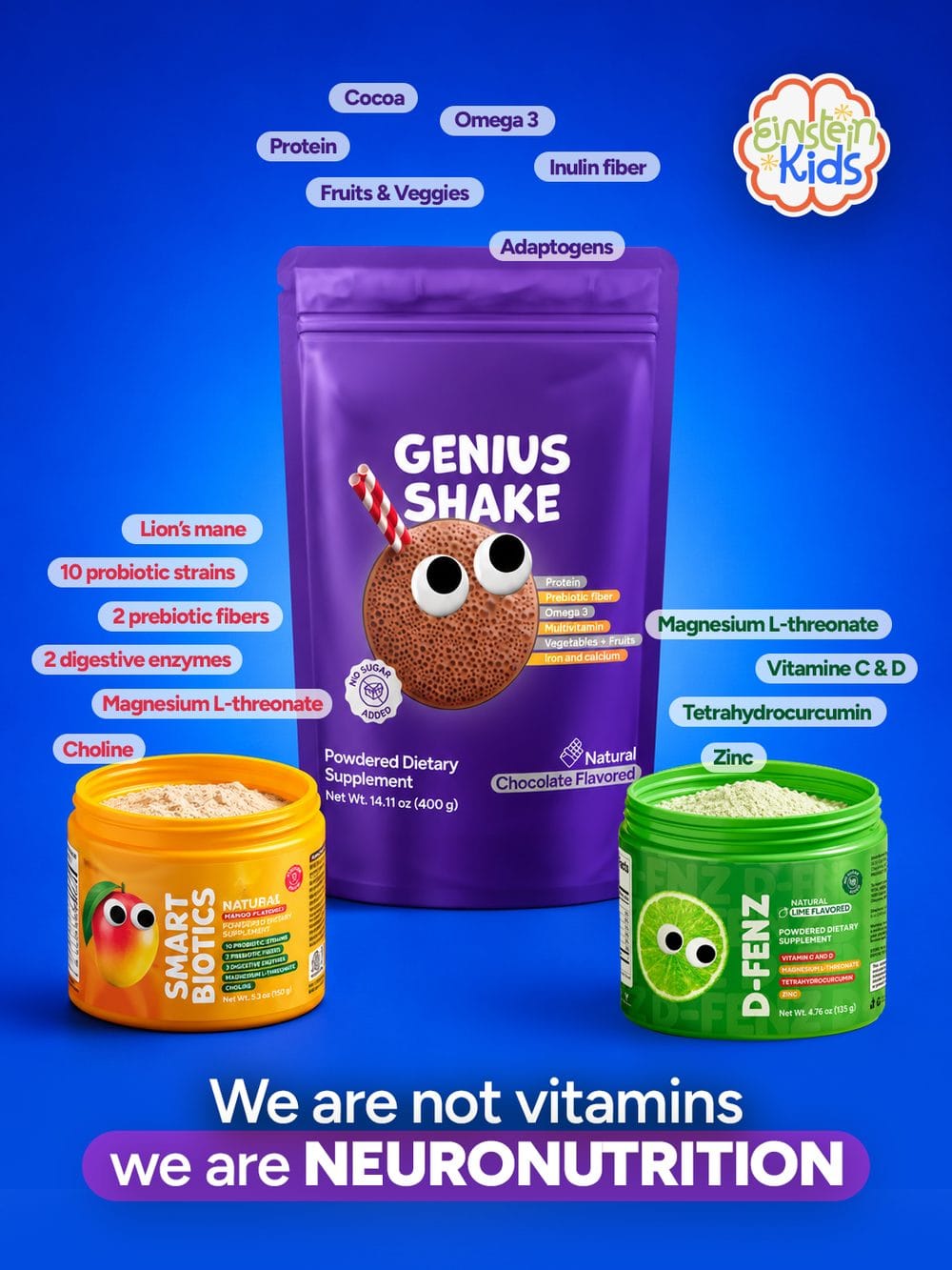 Einstein Kids product line: Genius Shake, Smart Biotics and D-Fenz powdered dietary supplements