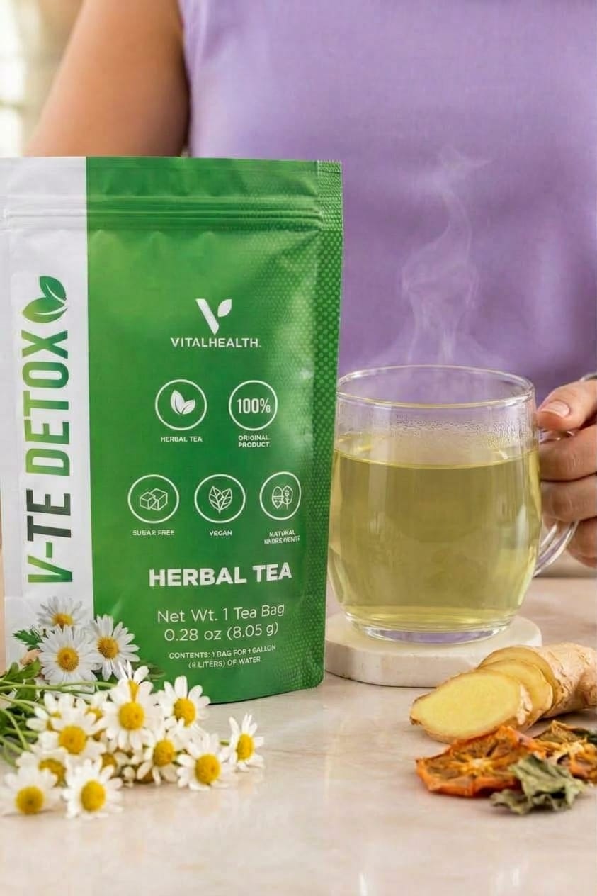 VitalHealth V-Te Detox herbal tea pouch next to a steaming cup of tea